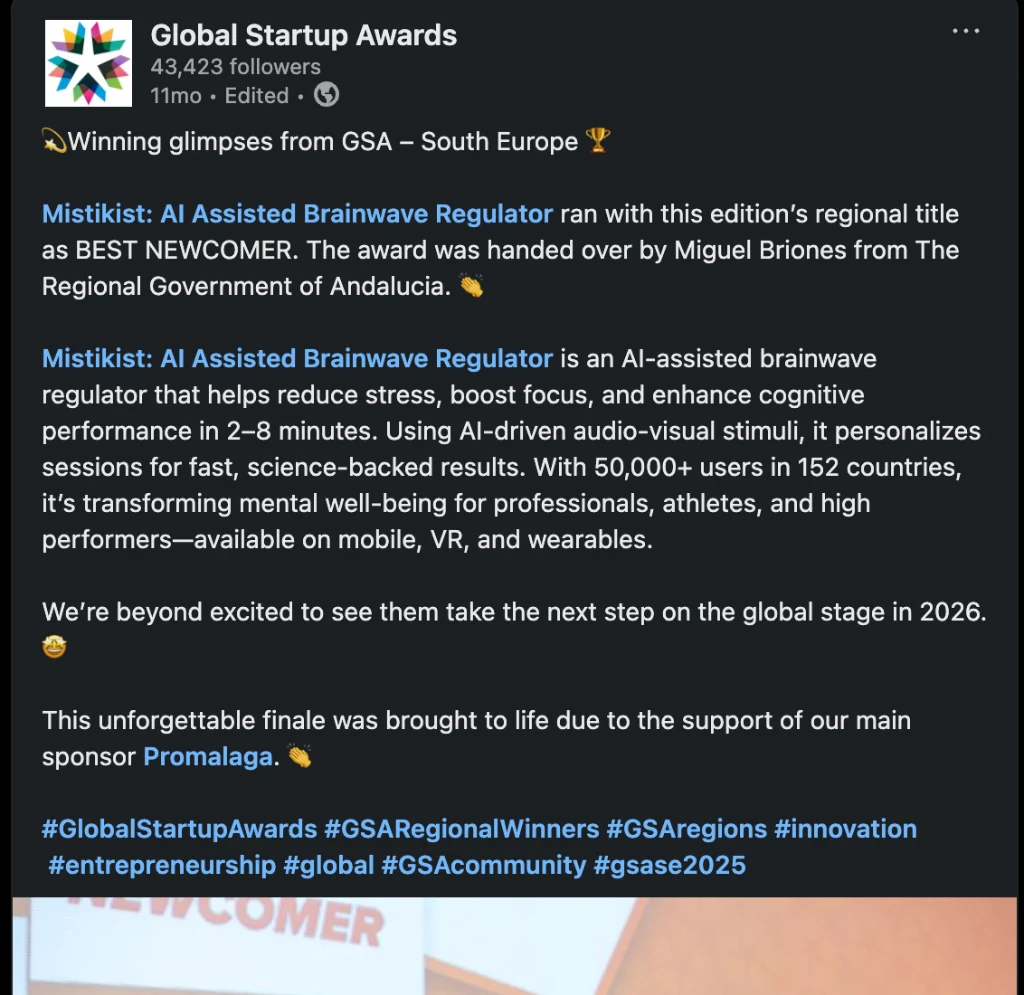 Global Startup Awards South Europe Best Newcomer Mistikist ve Buğra Karahan